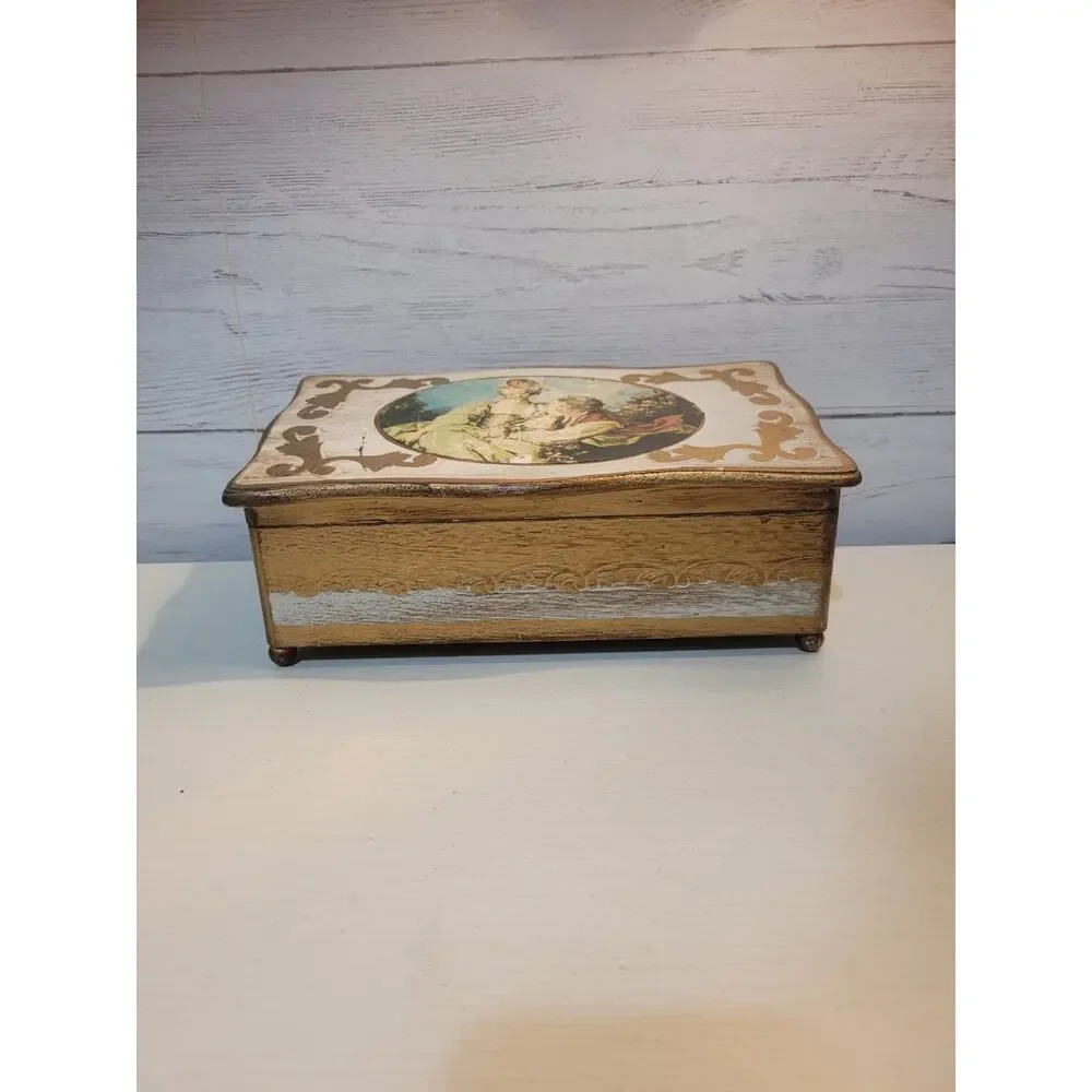 VINTAGE ITALIAN STYLE TOLE FLORENTINE WOOD JEWELRY MUSIC BOX - JAPAN